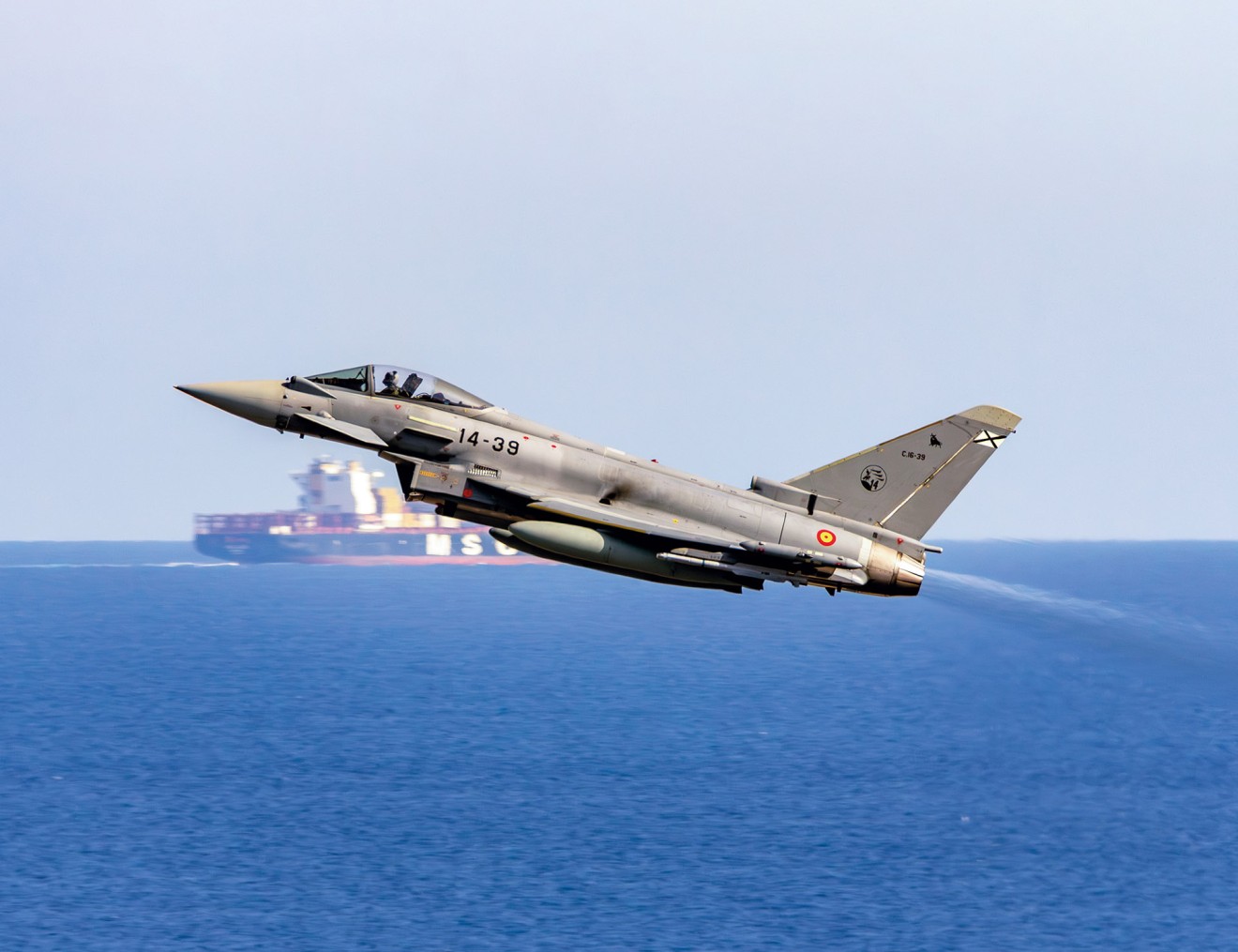 A Spanish Eurofighter Typhoon from Ala 14 based at Albacete Air Base on a training mission over the Spanish coastline