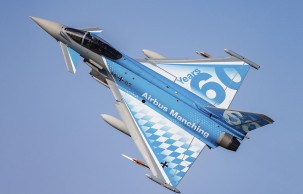 A German Eurofighter Typhoon with special markings celebrating the 60th anniversary of Airbus Manching, Germany.
