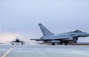 Two Royal Air Force Typhoons from No. 1 (F) Squadron on arrival at Keflavik Air Base, Iceland